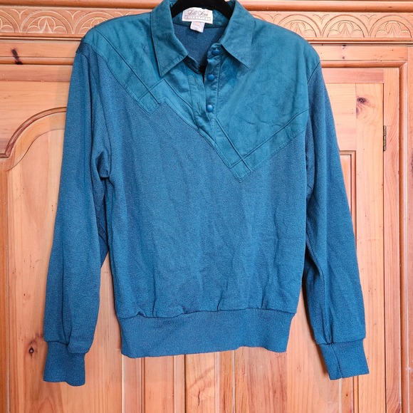Vintage Union Made Lilli Ann Collections Teal Pullover Sweater With Suede Detail - Picture 9 of 10